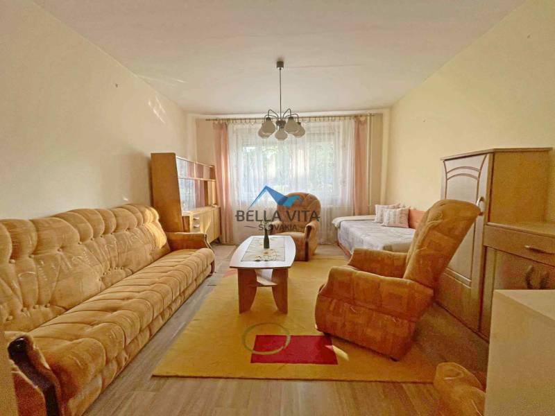 Obývačka v 1-izbovom byte so starším nábytkom a komfortným sedením.
