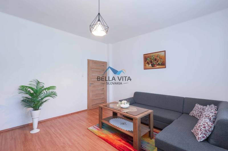 Obývacia izba rodinného domu s pohovkou, stolíkom a rastlinou.