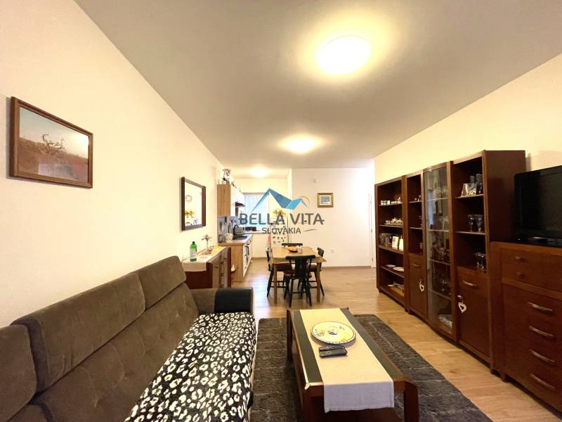 Obývacia izba v rodinnom dome s podlahou s dreveným dekorom, skrinkami a sedačkou.