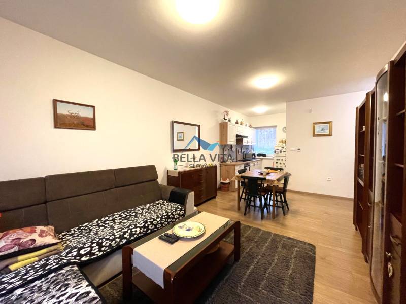 Obývacia izba v rodinnom dome s podlahou s dreveným dekorom a jedálenským stolom.