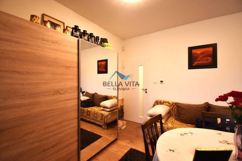 Izba v rodinnom dome s podlahou s dreveným dekorom, zrkadlovou skriňou a dekoráciami.