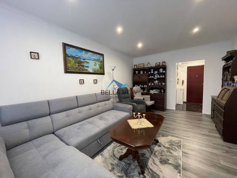 Obývacia izba s pohovkou, dreveným nábytkom a podlahou s dreveným dekorom v 3-izbovom byte.