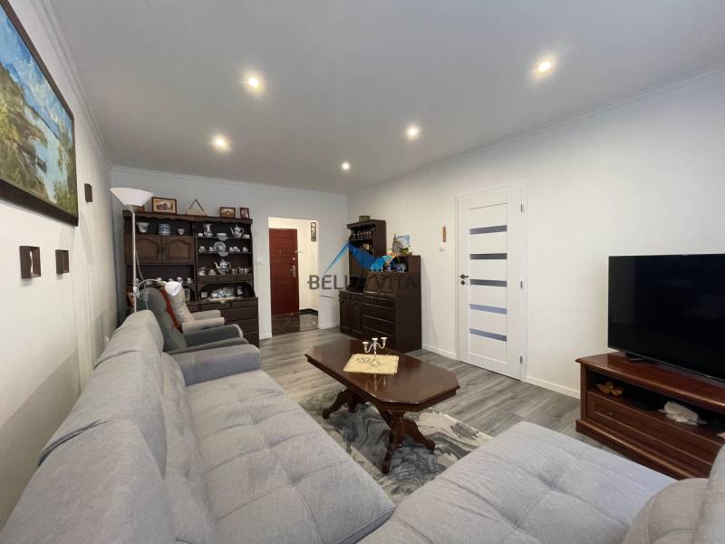 Obývačka v 3-izbovom byte s podlahou s dreveným dekorom a štýlovým nábytkom.