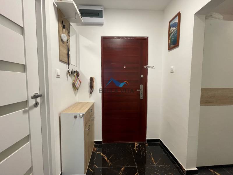 Vstupná hala 3-izbového bytu s tmavou podlahou a drevenými dverami.